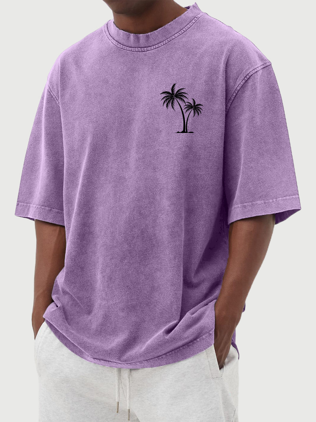 Men's Vintage Washed Palm Tree Print Short Sleeved Round Neck T-shirt