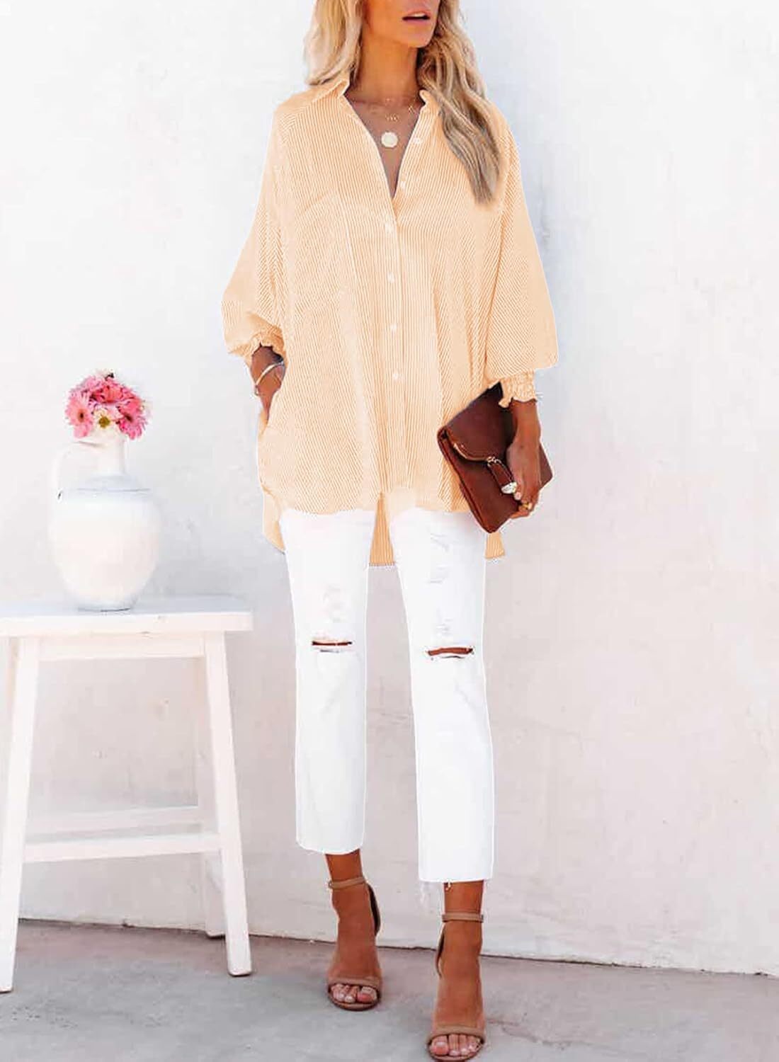 🔥Last day promotion🔥Women's pleated cuffs striped shirt with pockets and casual collar