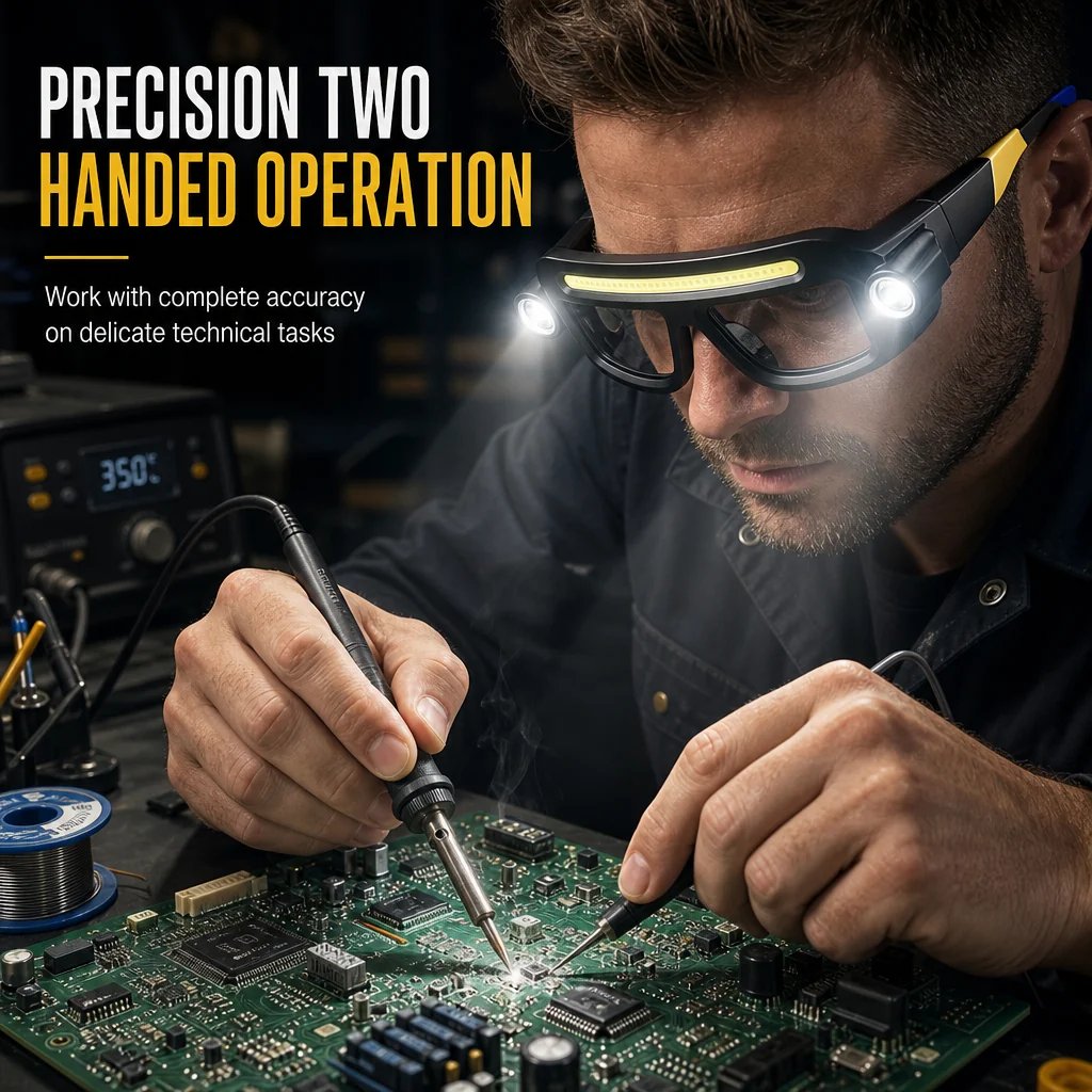 Hands Free Dual Beam LED Flashlight Glasses. Type-C Rechargeable COB Work Light Glasses for Mechanics. Camping & Repair