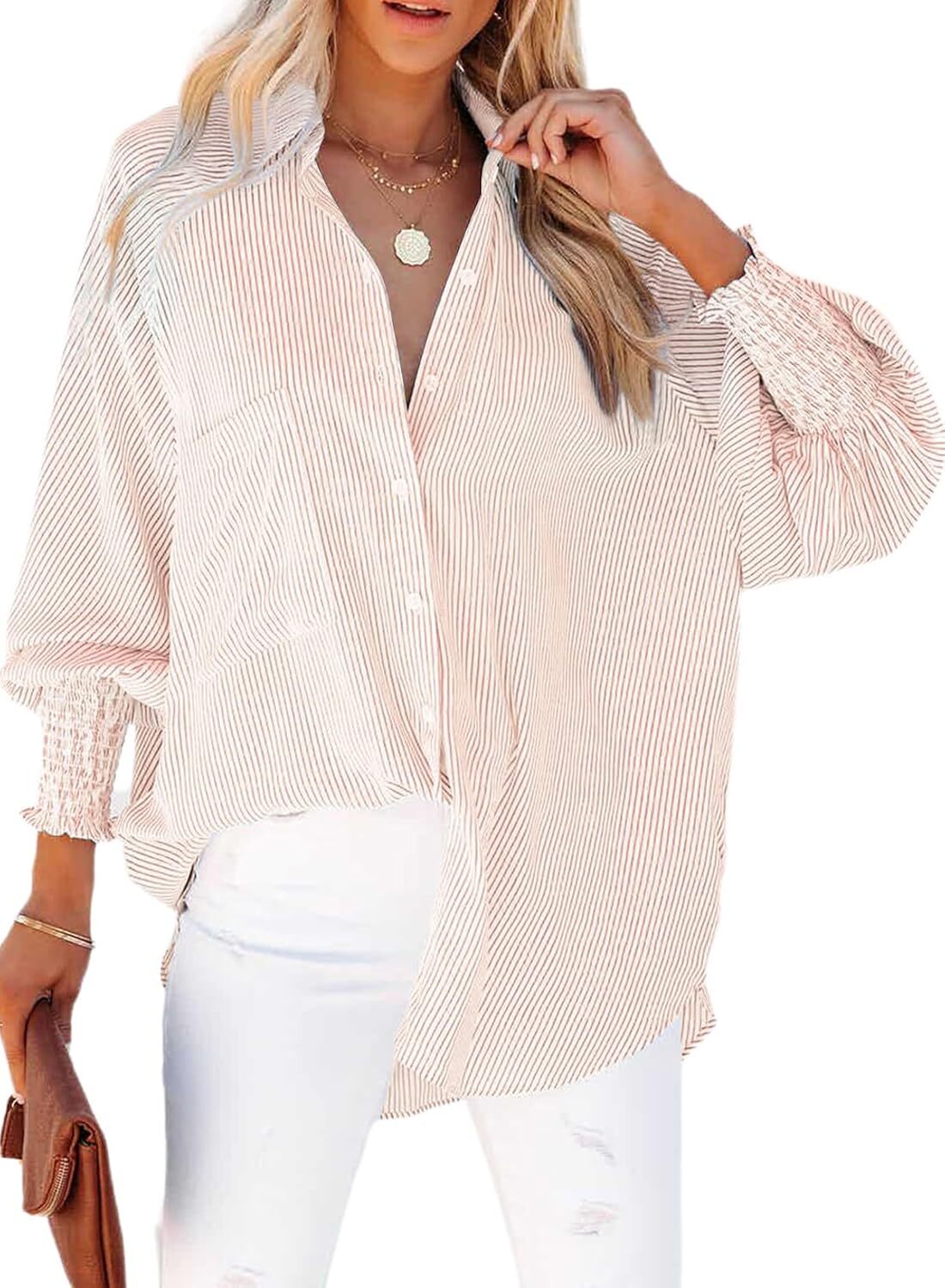 🔥Last day promotion🔥Women's pleated cuffs striped shirt with pockets and casual collar