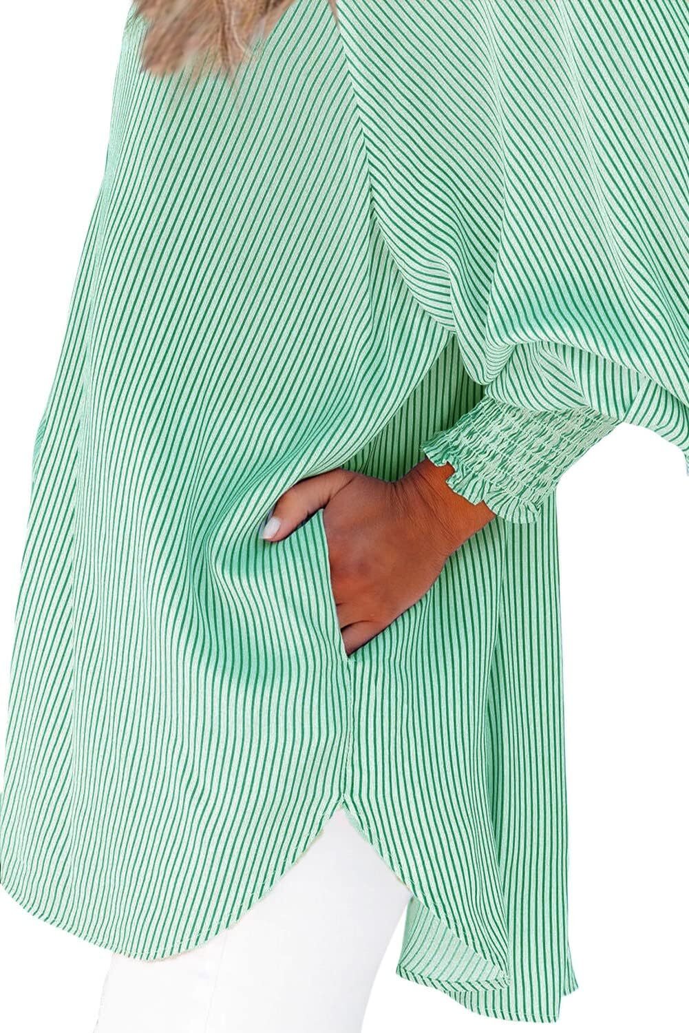 🔥Last day promotion🔥Women's pleated cuffs striped shirt with pockets and casual collar