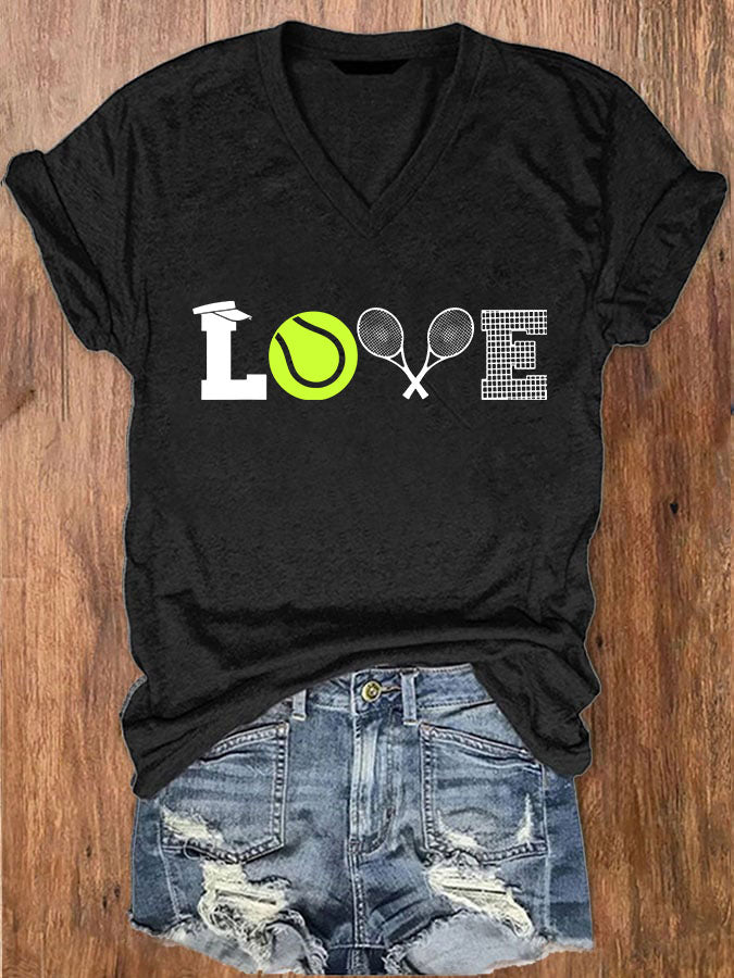 Women's Love Tennis Print V-Neck T-Shirt