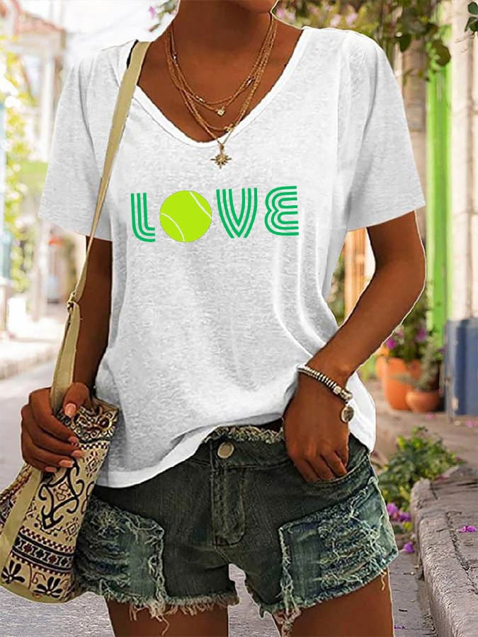 Women's Love Tennis Printed V-Neck T-shirt