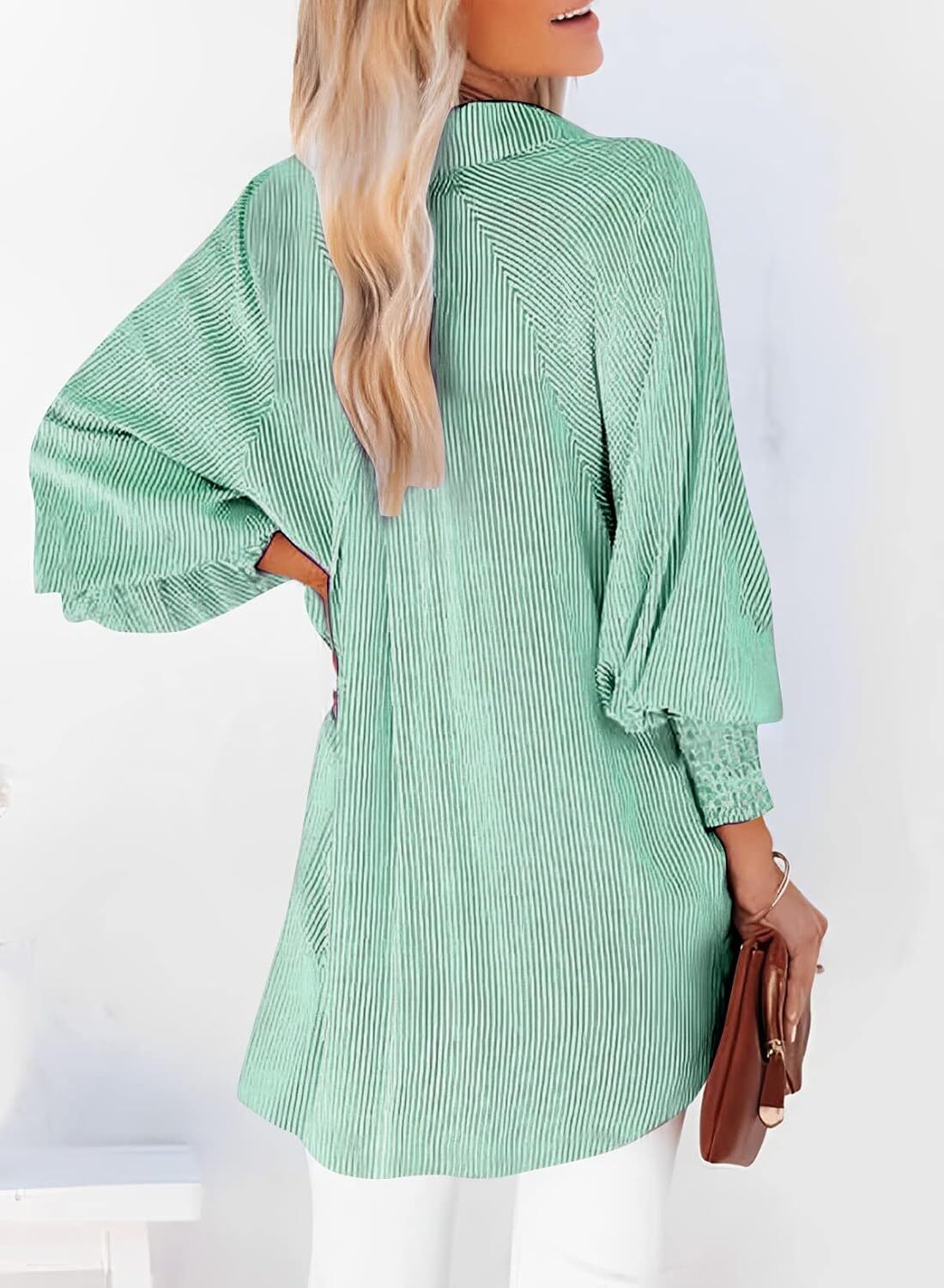 🔥Last day promotion🔥Women's pleated cuffs striped shirt with pockets and casual collar
