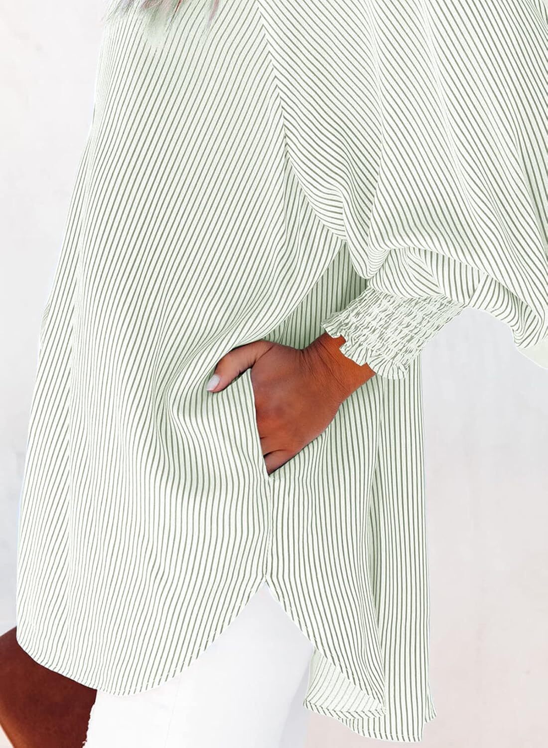 🔥Last day promotion🔥Women's pleated cuffs striped shirt with pockets and casual collar