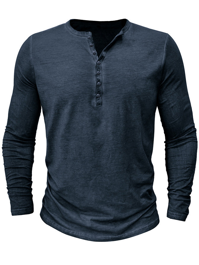 Men's Washed Distressed Cotton V-neck Henley Vintage Long-sleeved T-shirt