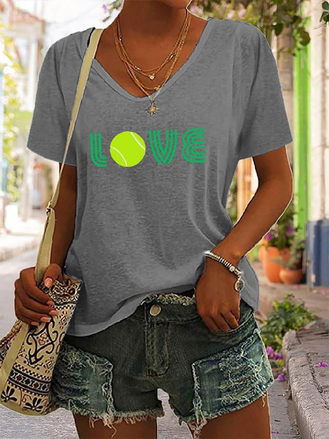 Women's Love Tennis Printed V-Neck T-shirt