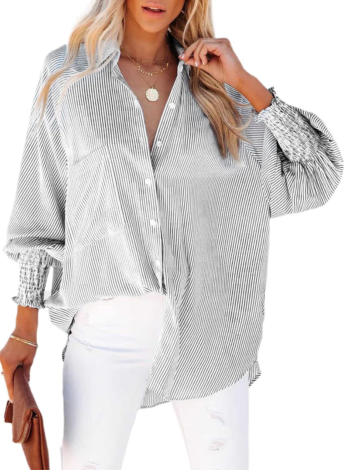 🔥Last day promotion🔥Women's pleated cuffs striped shirt with pockets and casual collar