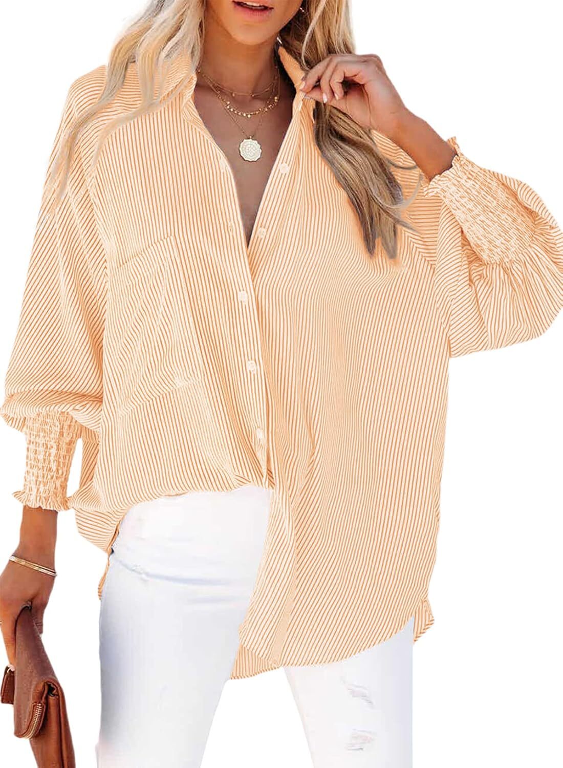 🔥Last day promotion🔥Women's pleated cuffs striped shirt with pockets and casual collar