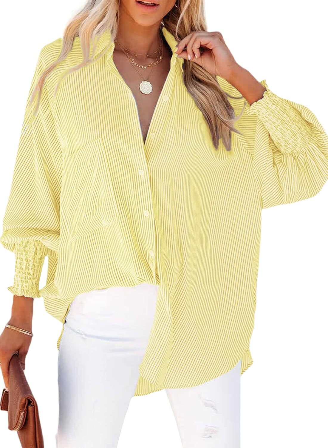 🔥Last day promotion🔥Women's pleated cuffs striped shirt with pockets and casual collar