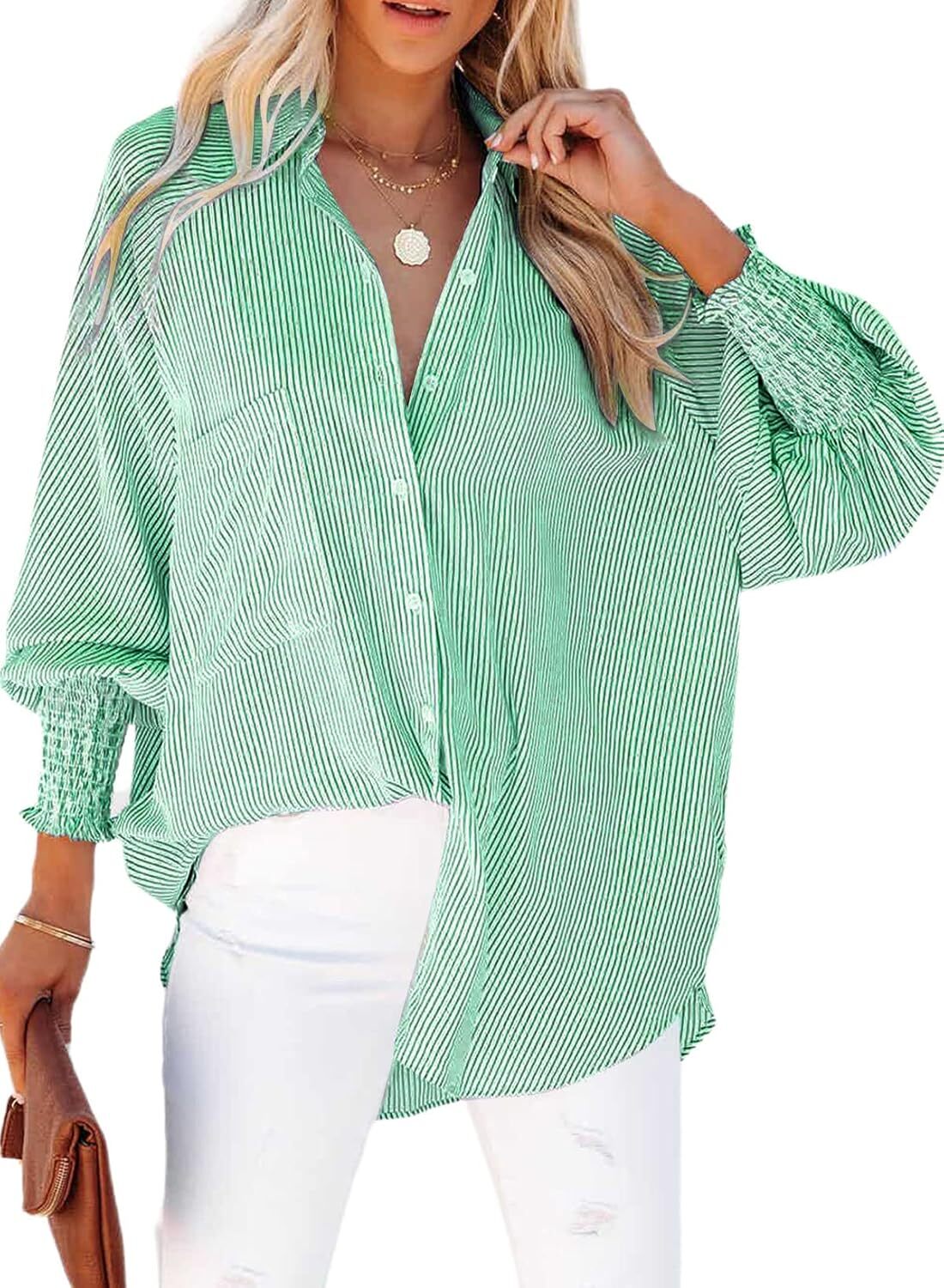 🔥Last day promotion🔥Women's pleated cuffs striped shirt with pockets and casual collar