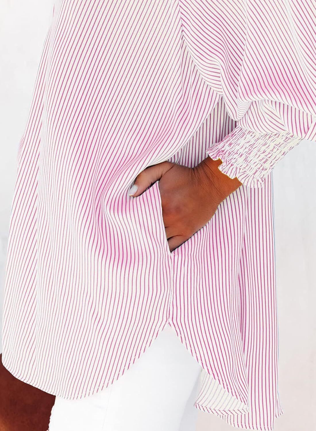 🔥Last day promotion🔥Women's pleated cuffs striped shirt with pockets and casual collar