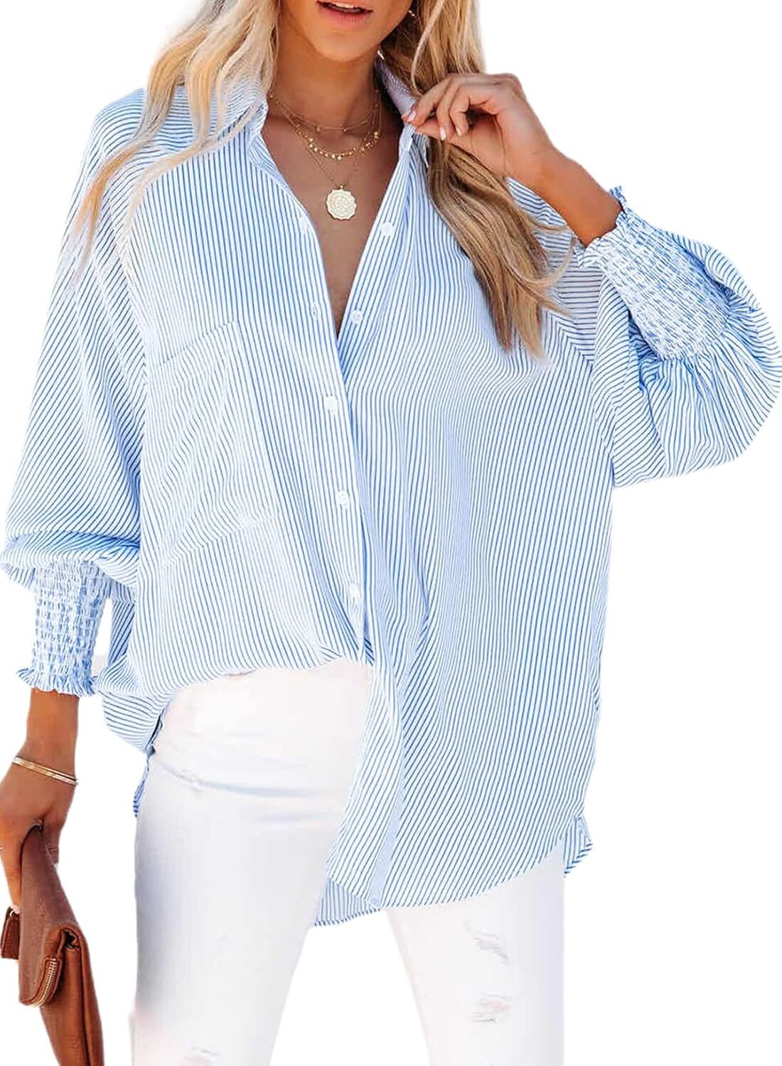 🔥Last day promotion🔥Women's pleated cuffs striped shirt with pockets and casual collar