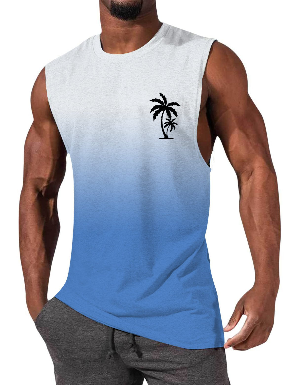 Men's Gradient Color Palm Tree Hawaiian Print Comfort Casual Sleeveless T-Shirt