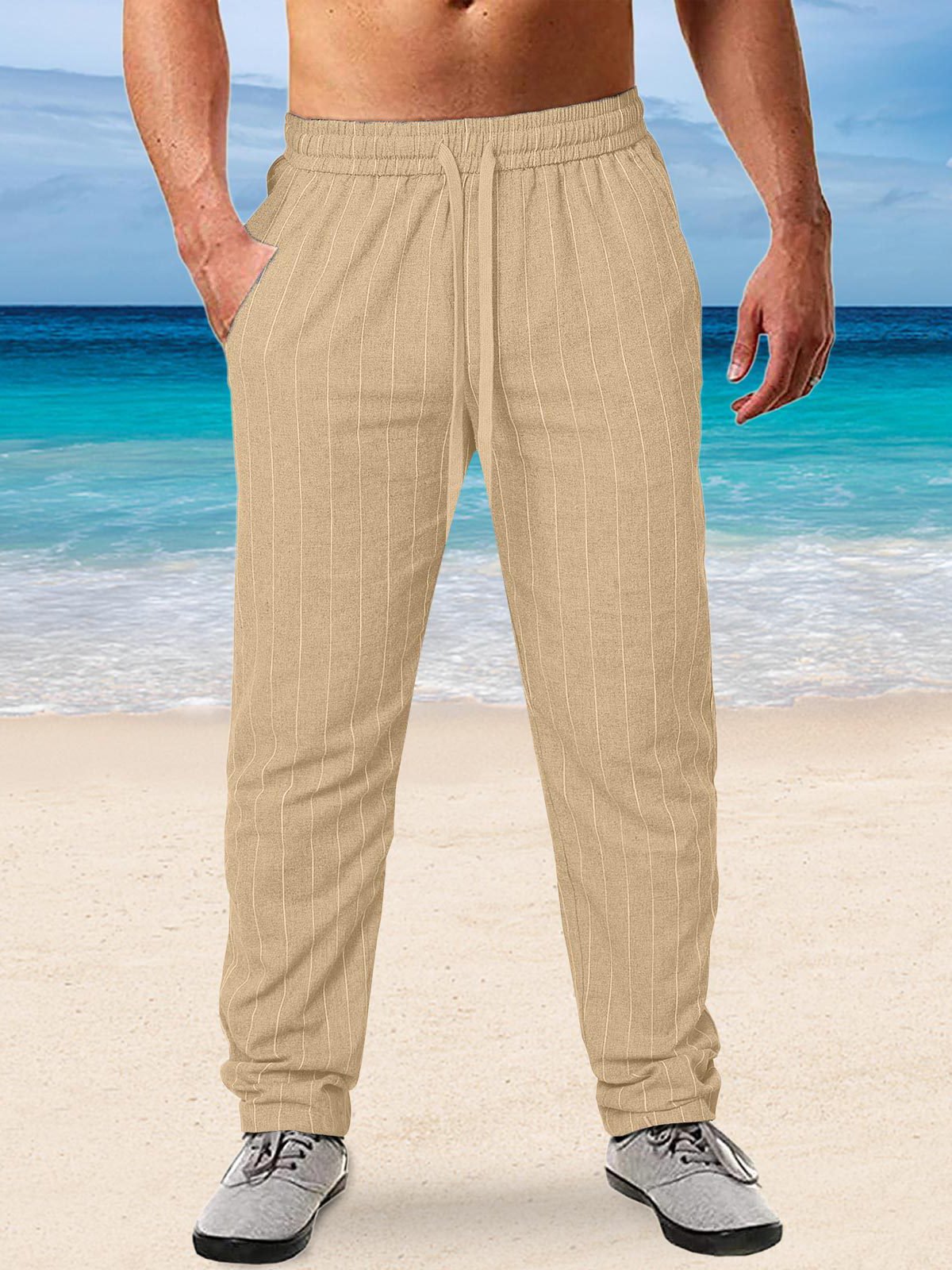 Men's Elastic Waist Cotton Linen Stripe Casual Basic Pocket Trousers