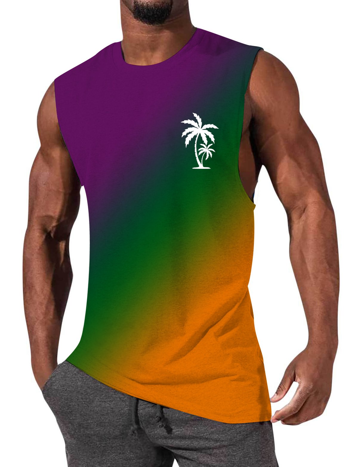 Men's Gradient Color Palm Tree Hawaiian Print Comfort Casual Sleeveless T-Shirt