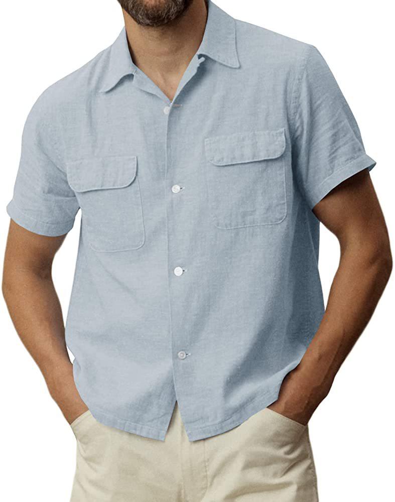 Men's Cotton Linen Short Sleeve Shirt Summer Button Cotton Cuban Camp Beach Casual Pocket Top T-Shirt