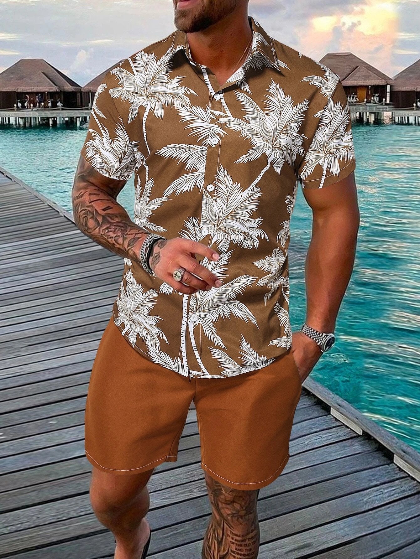 Hawaiian Beach Coconut Tree Print Pocket Short Sleeve Shirt Set