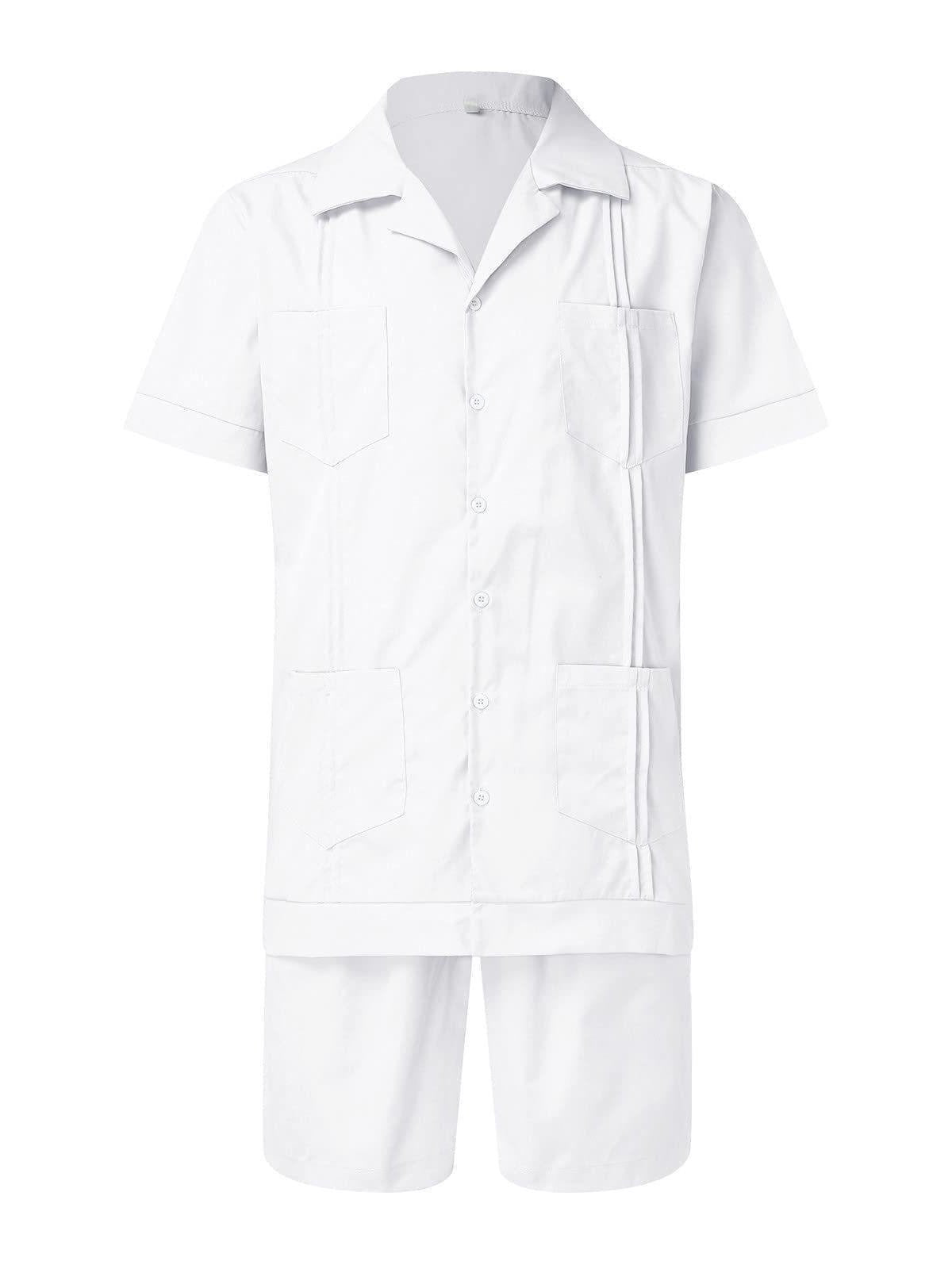 Men's Cotton Linen Multi Pocket Pleated Line Solid Color Shirt Set