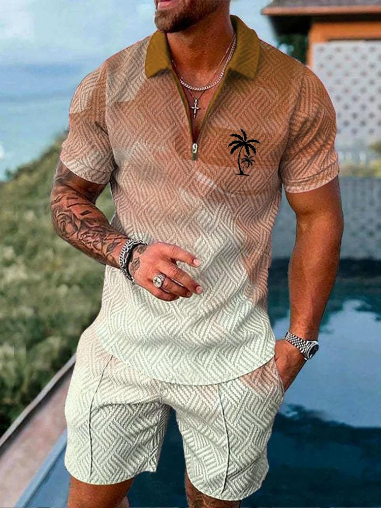 Men's Fashion Gradient Coco Print Polo Shirt Set