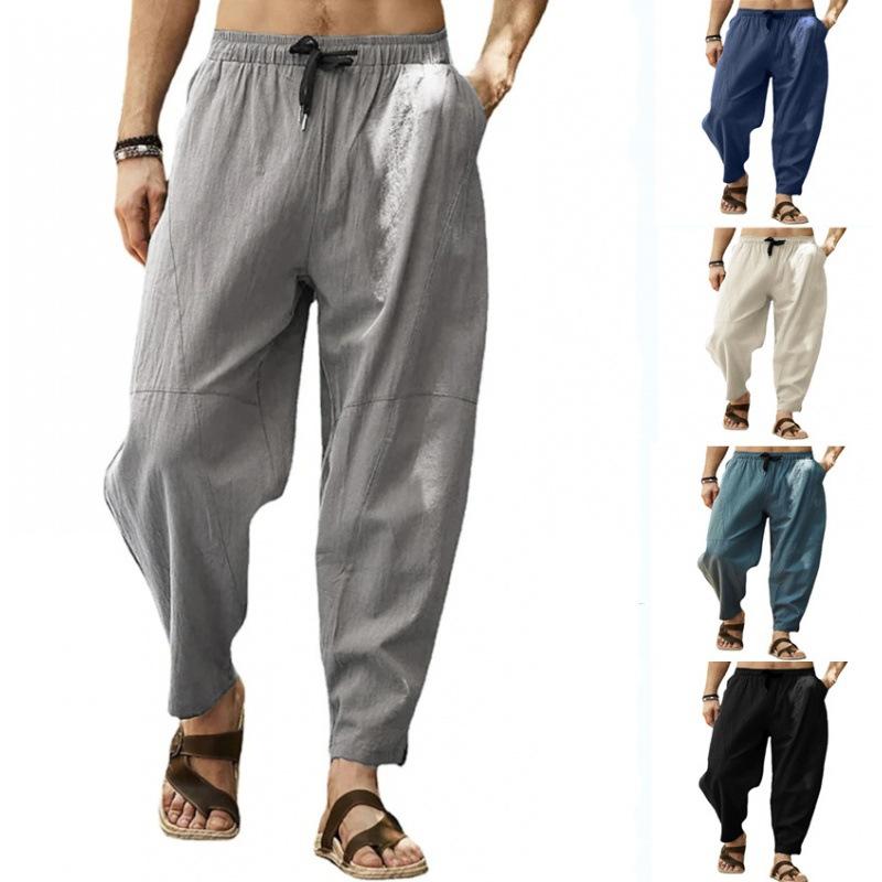 Men's strappy solid color pocket loose straight leg pants casual trousers