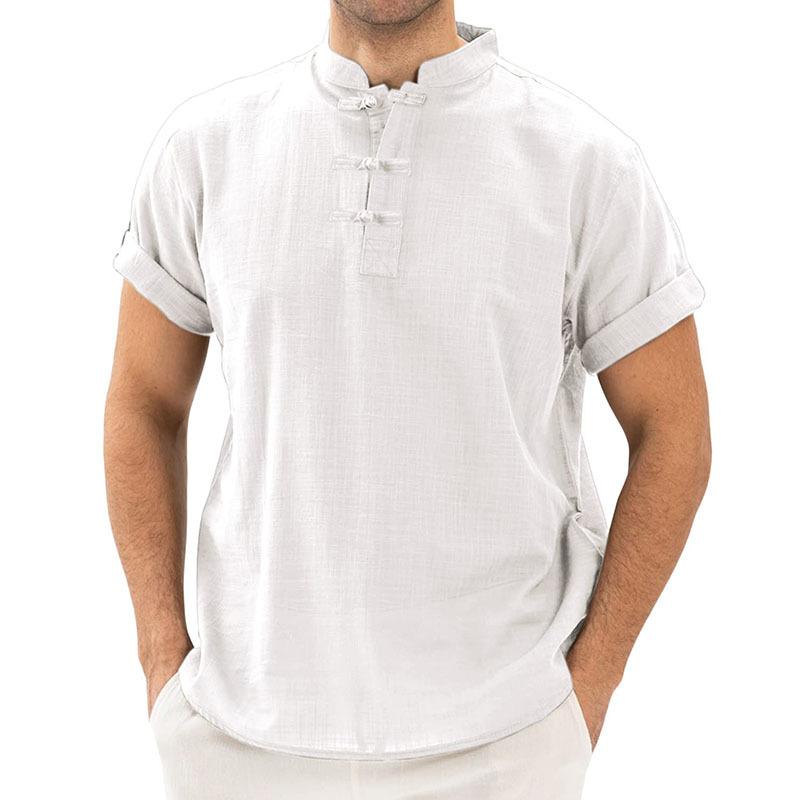 Men's Cotton Linen Henley Short Sleeve Hippie Casual Beach T-Shirt