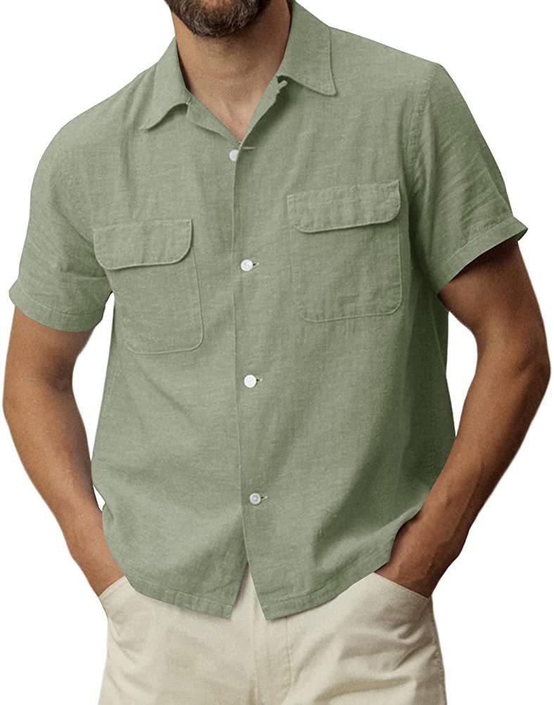 Men's Cotton Linen Short Sleeve Shirt Summer Button Cotton Cuban Camp Beach Casual Pocket Top T-Shirt