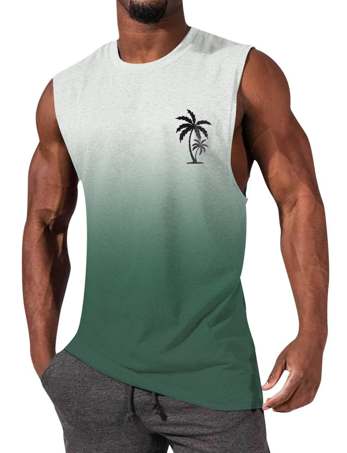 Men's Gradient Color Palm Tree Hawaiian Print Comfort Casual Sleeveless T-Shirt