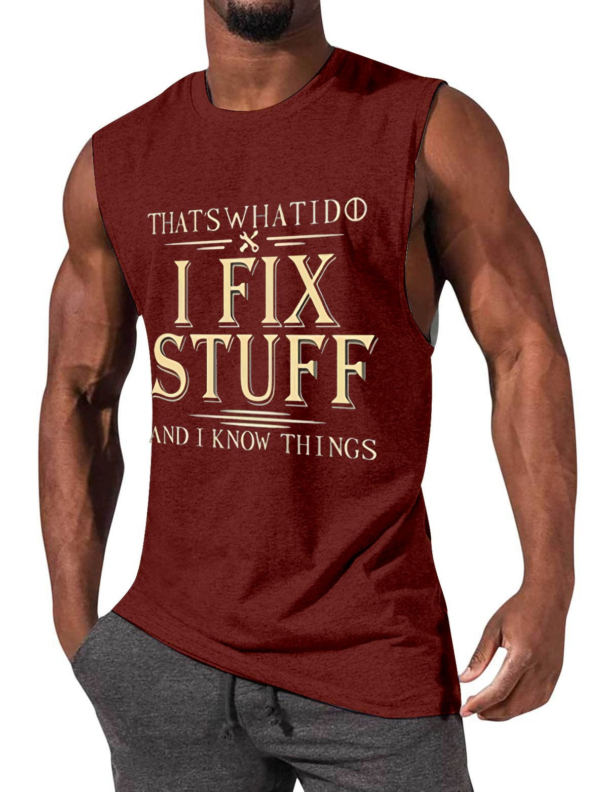 Men's casual fun text I FIX STUFF print sleeveless T-shirt