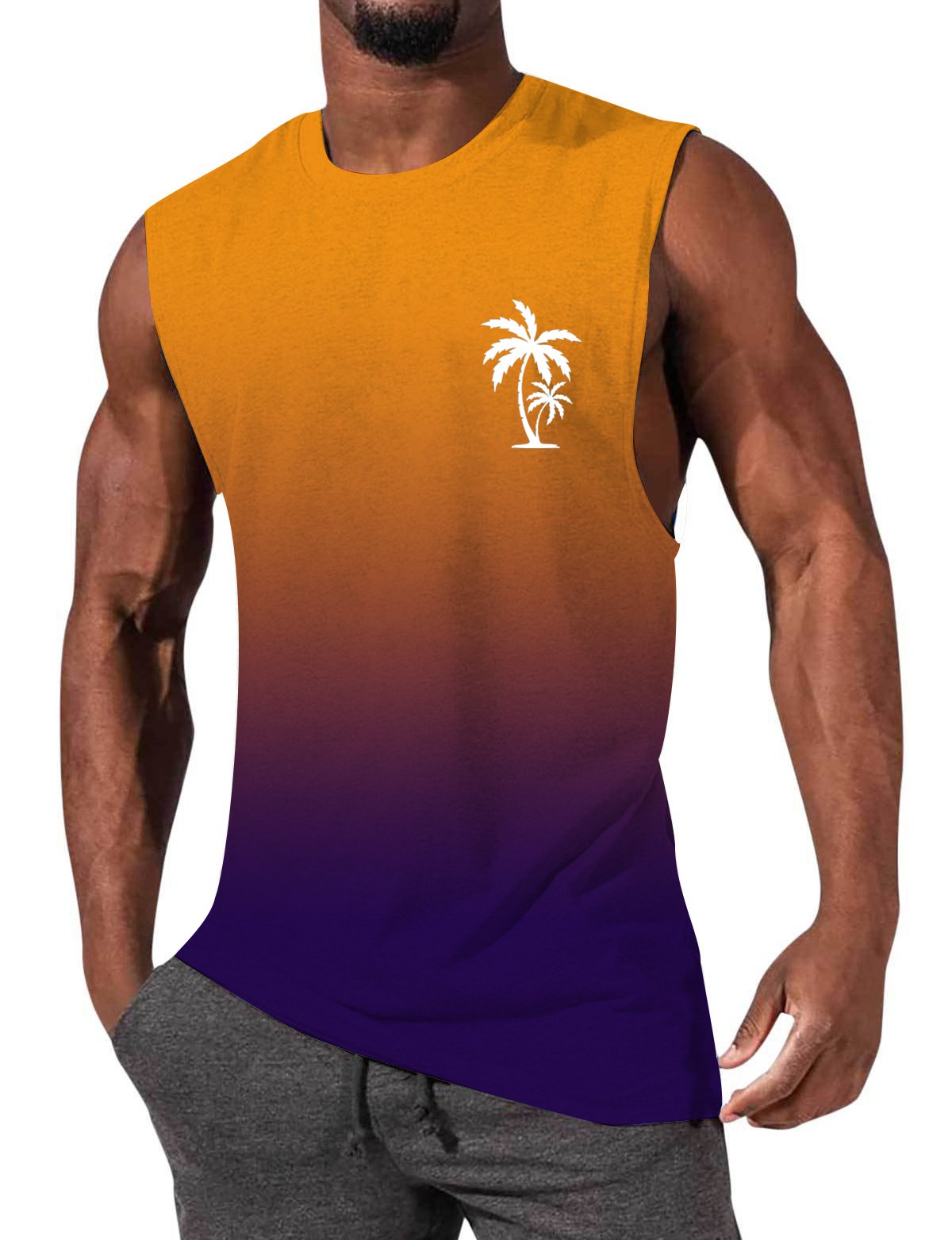 Men's Gradient Color Palm Tree Hawaiian Print Comfort Casual Sleeveless T-Shirt