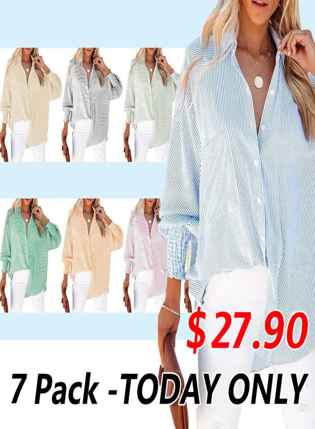 🔥Last day promotion🔥Women's pleated cuffs striped shirt with pockets and casual collar