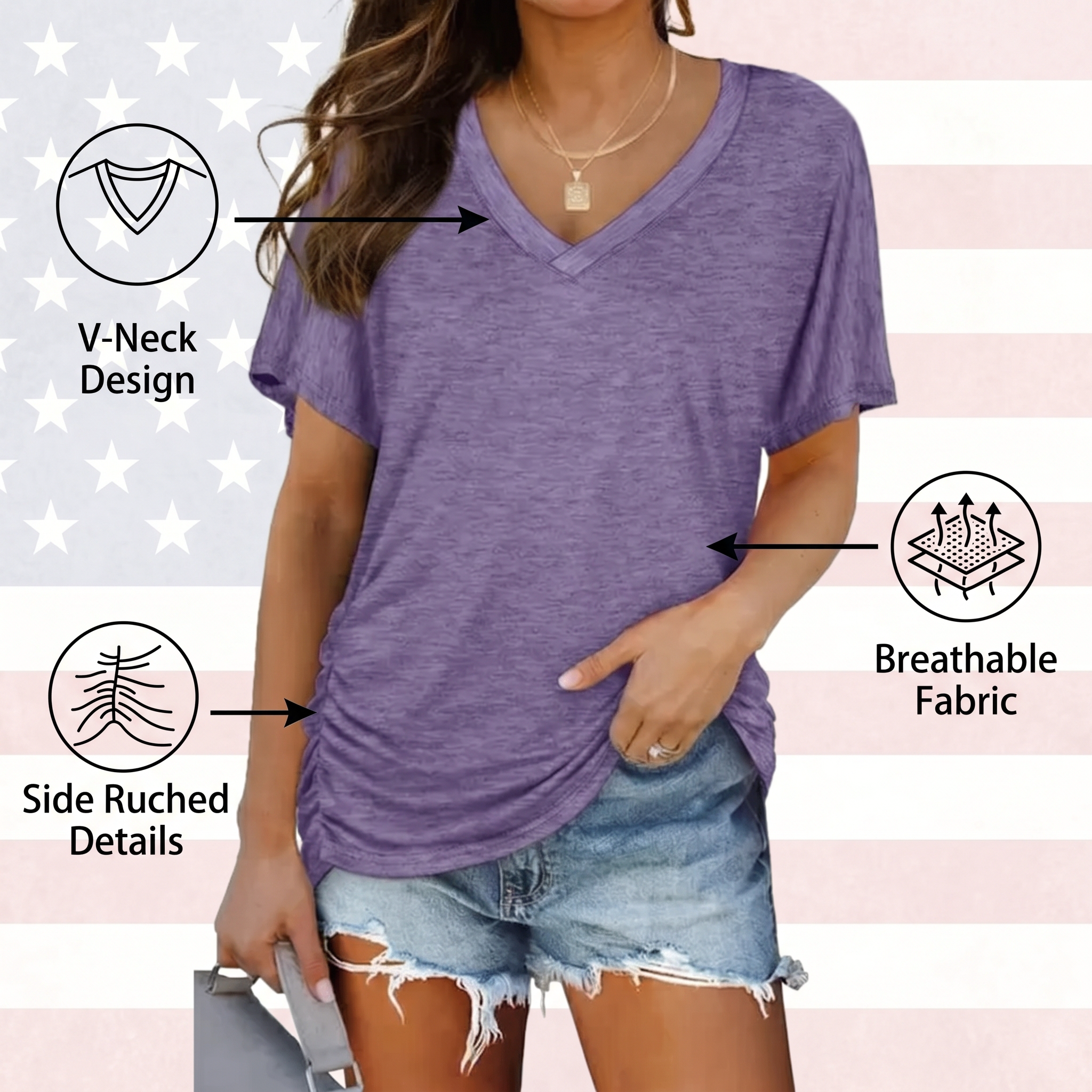 SwimWeek Womens Short Sleeve V Neck Dolman Tops with Side Shirring Loose Fit Shirts