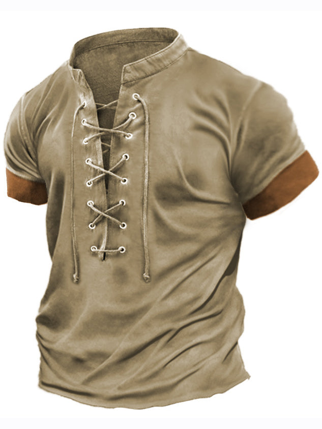 Men's Retro V-neck Lace-up Casual Colorblock Short-Sleeved T-shirt