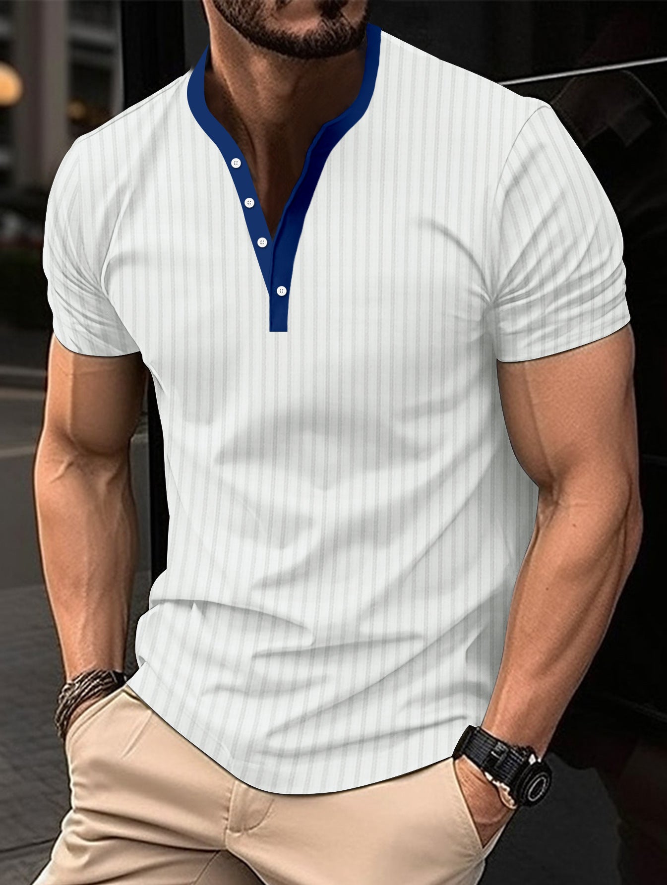Men's Pit Button V-neck Short-Sleeved T-shirt