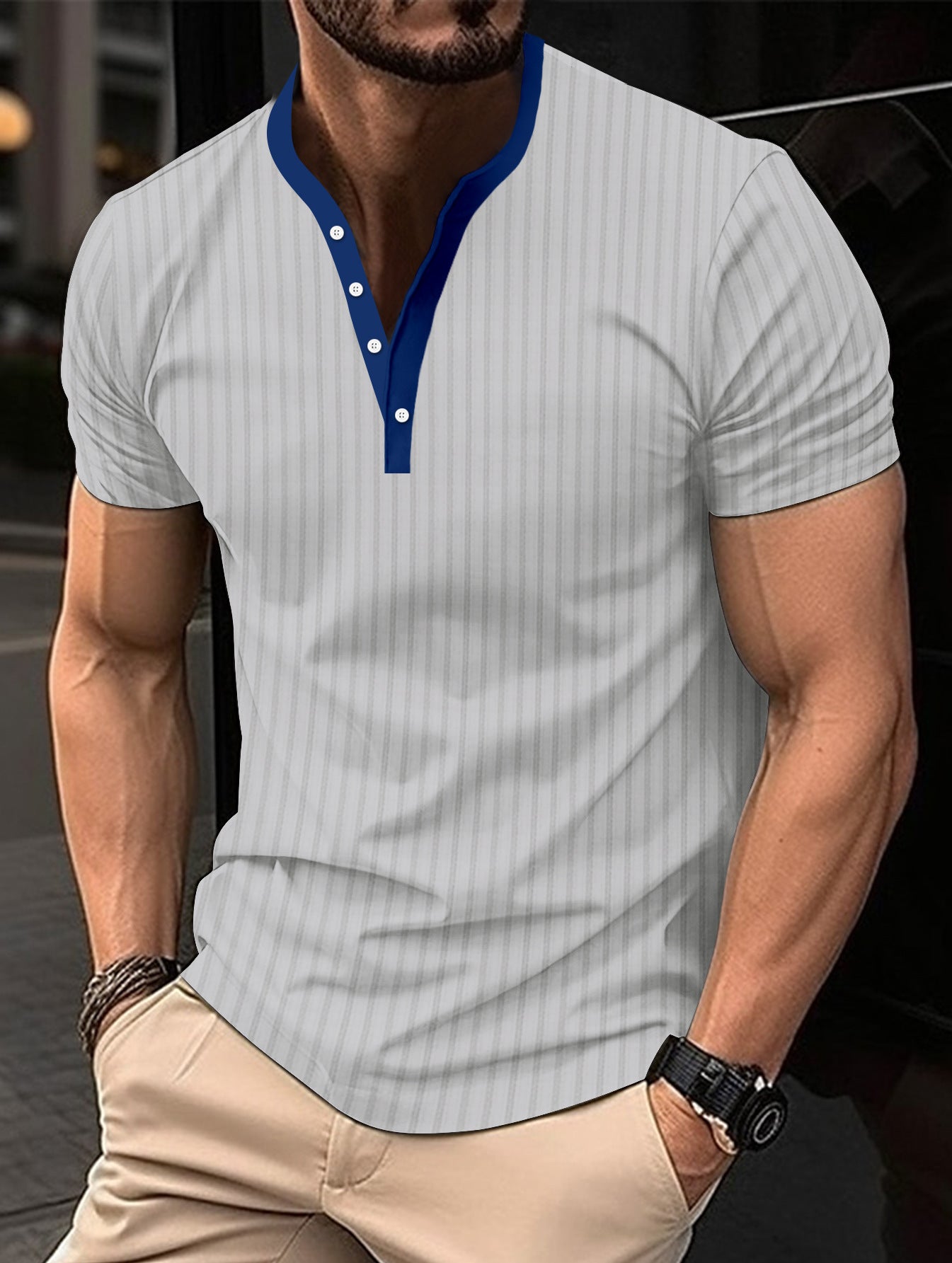 Men's Pit Button V-neck Short-Sleeved T-shirt